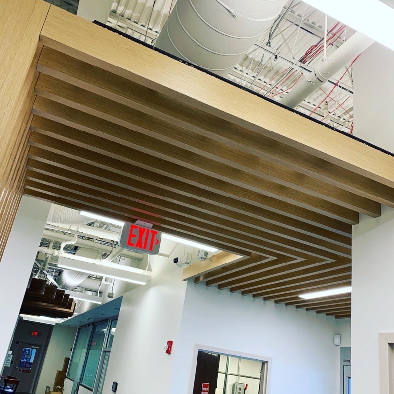 May include: A white ceiling with a wooden slat grid pattern. The ceiling is lit by fluorescent lights. There is an exit sign with red letters on the ceiling. The sign reads "EXIT".