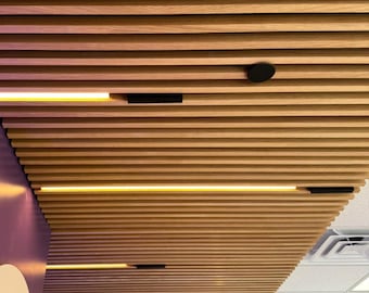 White Oak LED Wood Ceiling Panels - Modern Reception Area Décor | Custom Wood Ceiling Panels