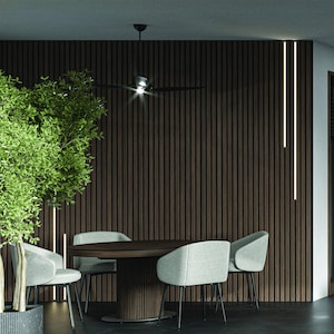 Flat Walnut Acoustical Wall Panels with Integrated LED Lighting | Seattle Home Style | Iconic Linear Wood Design