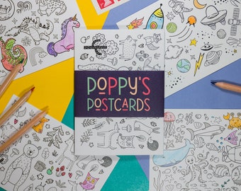 Kids colouring in postcards - mixed pack of 8 activity cards for lockdown fun and pen pal writing