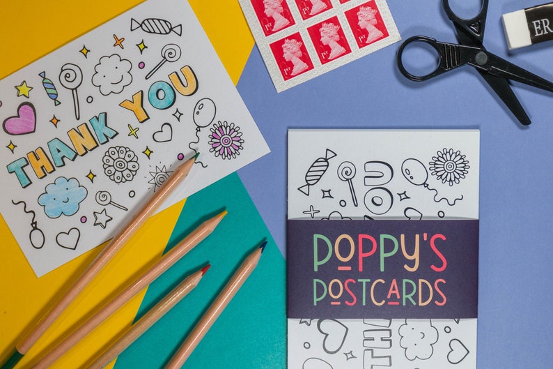 Kids colouring in thank you postcards 8 activity cards for lockdown fun and pen pal writing