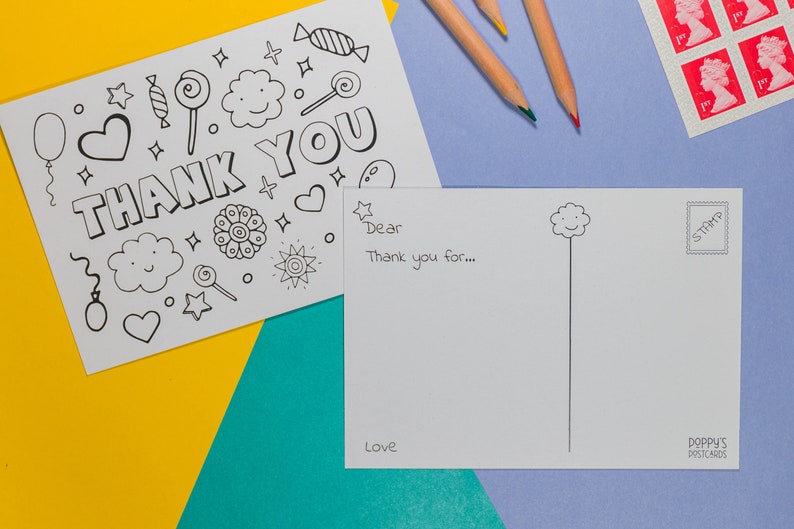 Kids colouring in thank you postcards 8 activity cards for lockdown fun and pen pal writing