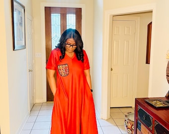Long Ankara patch Pocket Crepe dress for women - 6 colors