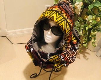 Handmade Wool Lined African Ankara Scarf: Boho Hooded Shawl