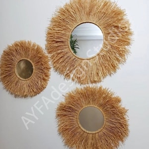 Raffia Tassel Mirrors (Set of 3), Raffia Wall Decoration, Raffia Round Mirrors, Housewarming Gift, Woven Wall Mirrors, Bohemian Home Decor