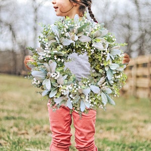 Luxury Faux Floral Wreath, Farmhouse Wreath For Front Door, Lambs Ear Eucalyptus Wreath, Evergreen Wreath, Year Round Wreath, Babys Breath