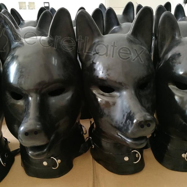 Zwarte latex puppy kap rubberen hond - extra dik 2 mm met latex kraag hangslot fetish volledige hoofd bondage masker rits - aangepaste gaten