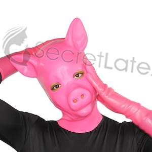 Pink Latex Pig Hood Rubber Fetish Full Head Bondage Mask Zipper Piglet