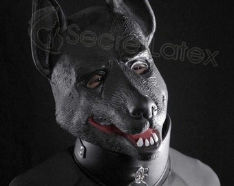 Black Latex Dog Hood Rubber Puppy German Shepherd Fetish Full Head Bondage Mask Zipper - Painted (Large)