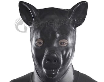 Black Latex Pig Hood Rubber Fetish Full Head Bondage Mask Zipper Piglet