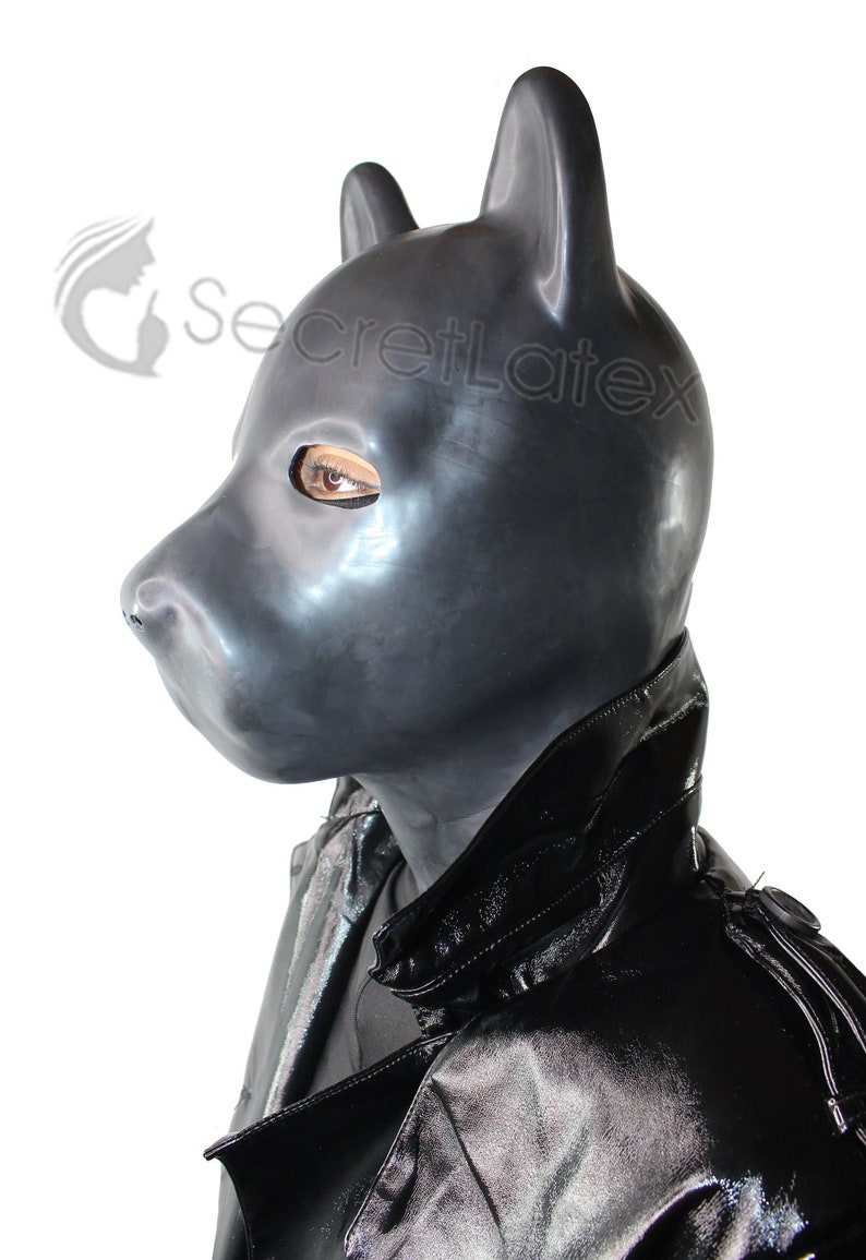 Black Latex Dog Hood Rubber Puppy Fetish Full Head Bondage Mask Zipper - Custom Mouth Holes and Thickness 
