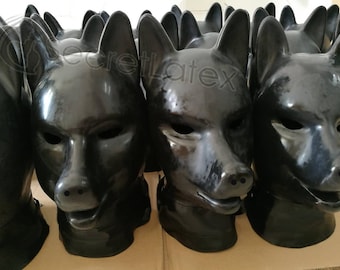 Black Latex Puppy Hood Rubber Dog - Extra Thick 2mm with Detachable Collar Adjustable Fetish Full Head Bondage Mask Zipper - Custom Holes