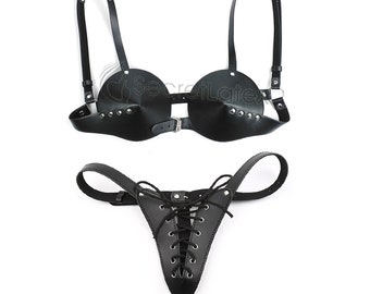 2 pc Bondage Wear Bra Panties Knickers Clothes Set Womens Sexy Lingerie  Erotic Dress BDSM One Size Adjustable
