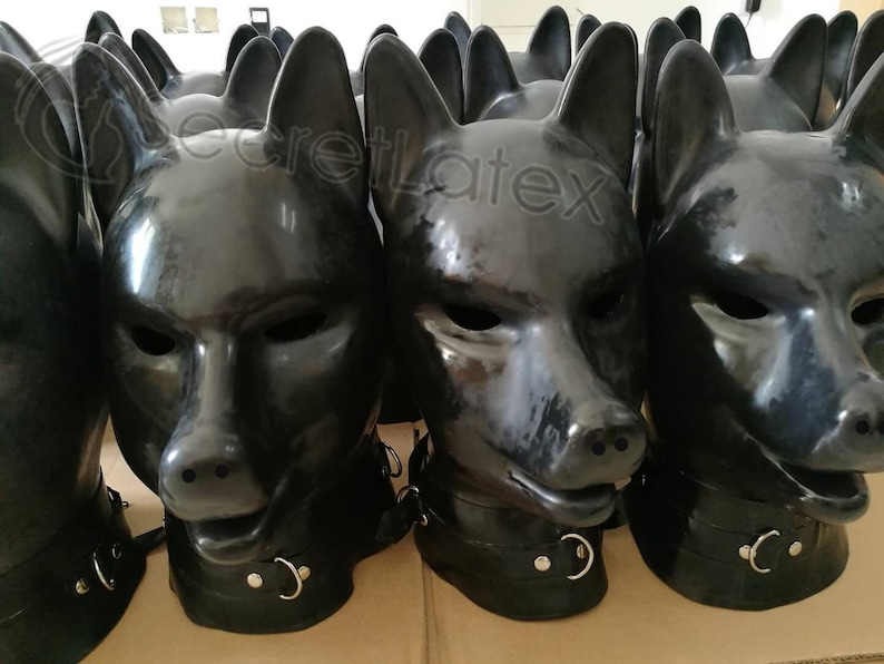 Black Latex Puppy Hood Rubber Dog - Extra Thick 2mm with Latex Collar Padlock Fetish Full Head Bondage Mask Zipper - Custom Holes 