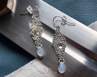 chainmail earrings, lady of the lake, blue glass drop - the book of knights