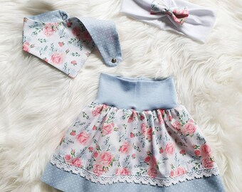 Trachtenrock Mädchen blau Blümchen mit Spitze | Trachtenrock Baby | Tracht für Mädchen | Mädchen Rock mit Spitze | Kinderrock