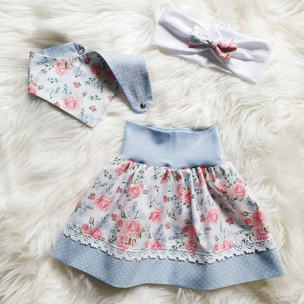 Trachtenrock Mädchen blau Blümchen mit Spitze | Trachtenrock Baby | Tracht für Mädchen | Mädchen Rock mit Spitze | Kinderrock