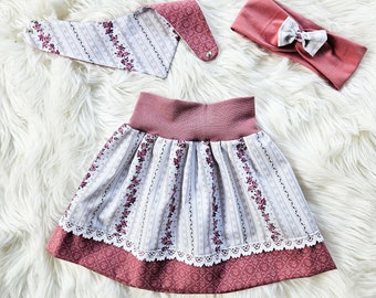 Traditional skirt girls pink rose tendrils with lace | Traditional skirt baby | Costume for girls | Girls skirt with lace | Children's skirt