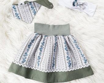 Traditional skirt girls green blue rose pattern with lace | Traditional skirt baby | Costume for girls | Girls skirt with lace | Children's skirt