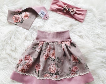 Traditional skirt girls taupe-pink roses with lace | Traditional skirt baby | Costume for girls | Girls skirt with lace | Children's skirt