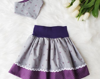 Trachtenrock Mädchen lila-grau Blümchen mit Spitze | Trachtenrock Baby | Tracht für Mädchen | Mädchen Rock mit Spitze | Kinderrock