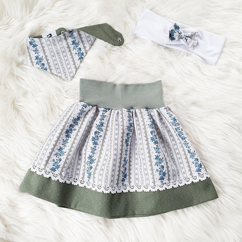 Trachtenrock Mädchen grün blau Rosenmuster mit Spitze Trachtenrock Baby Tracht für Mädchen Mädchen Rock mit Spitze Kinderrock Bild 1