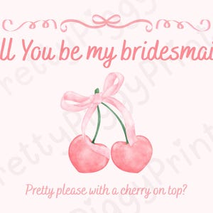 Plantilla de propuesta de dama de honor editable • Tema Cherry on Top • Editable en Canva • Incluye detalles en la parte posterior e invitación móvil.