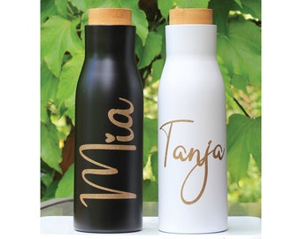 Edelstahlflasche mit Bambusdeckel, Flasche mit Namen, Wasserflasche, Thermosflasche, Trinkflasche, personalisiert, Geschenk