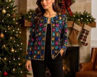 Vintage Holt Renfrew Sequin Jacket: Hand-Beaded Silk, Made in India