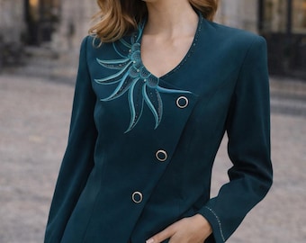 Blazer vintage verde bosque bordado, con ribete de cuentas, talla 14