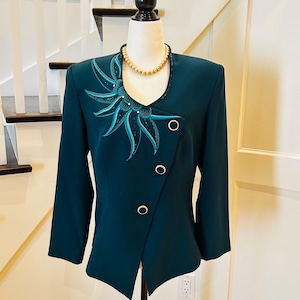 Forest Green Blazer, Beaded & Embroidered - OBSESSIONS by Mr. Suli, Size 14  - Old Money Jackets, Mother of the Bride, Holiday Party Blazer