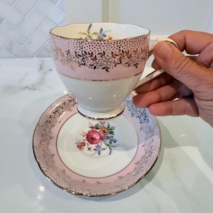 Royal Grafton Pink & Gold Vintage Teacup and Saucer - Fine Bone China, Made in England | English Garden Theme,  Pink Roses Floral Teacup