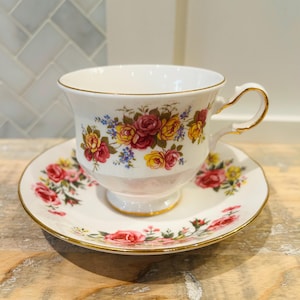 Vintage Teacup & Saucer - Royal Vale Bone China, Made in England | Vintage Wedding, English Garden Theme , Pink and Yellow Floral Teacup