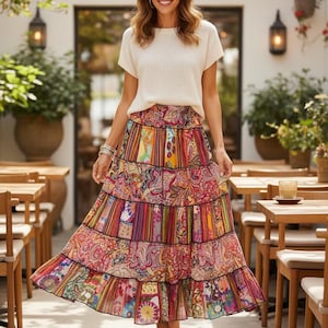 Vintage Patchwork Tiered Skirt: Boho Paisley Festival Clothing, Flowy Hippie Style