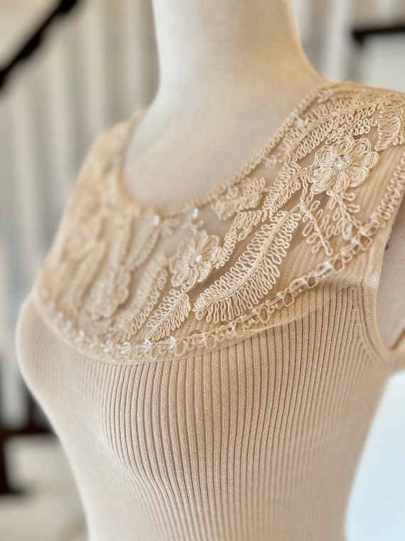 Vintage Ribbed Tank with Lace and Embroidered Nec… - image 5