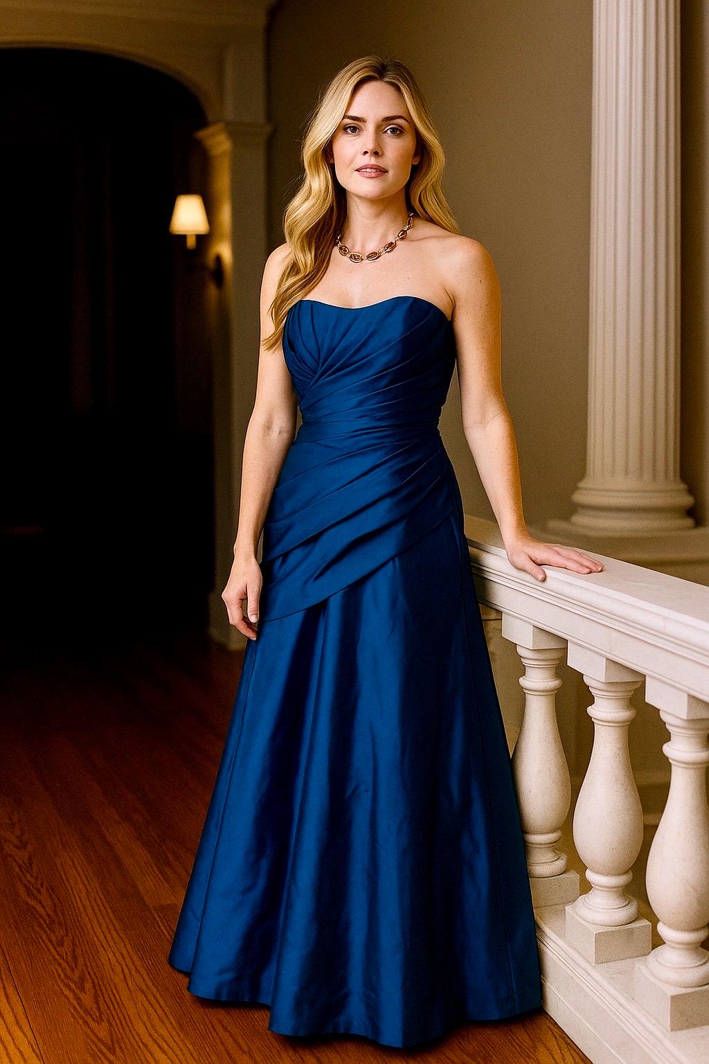Mori Lee Strapless Evening Gown: Deep Blue Iridescent Formal Dress (Size 13/14)
