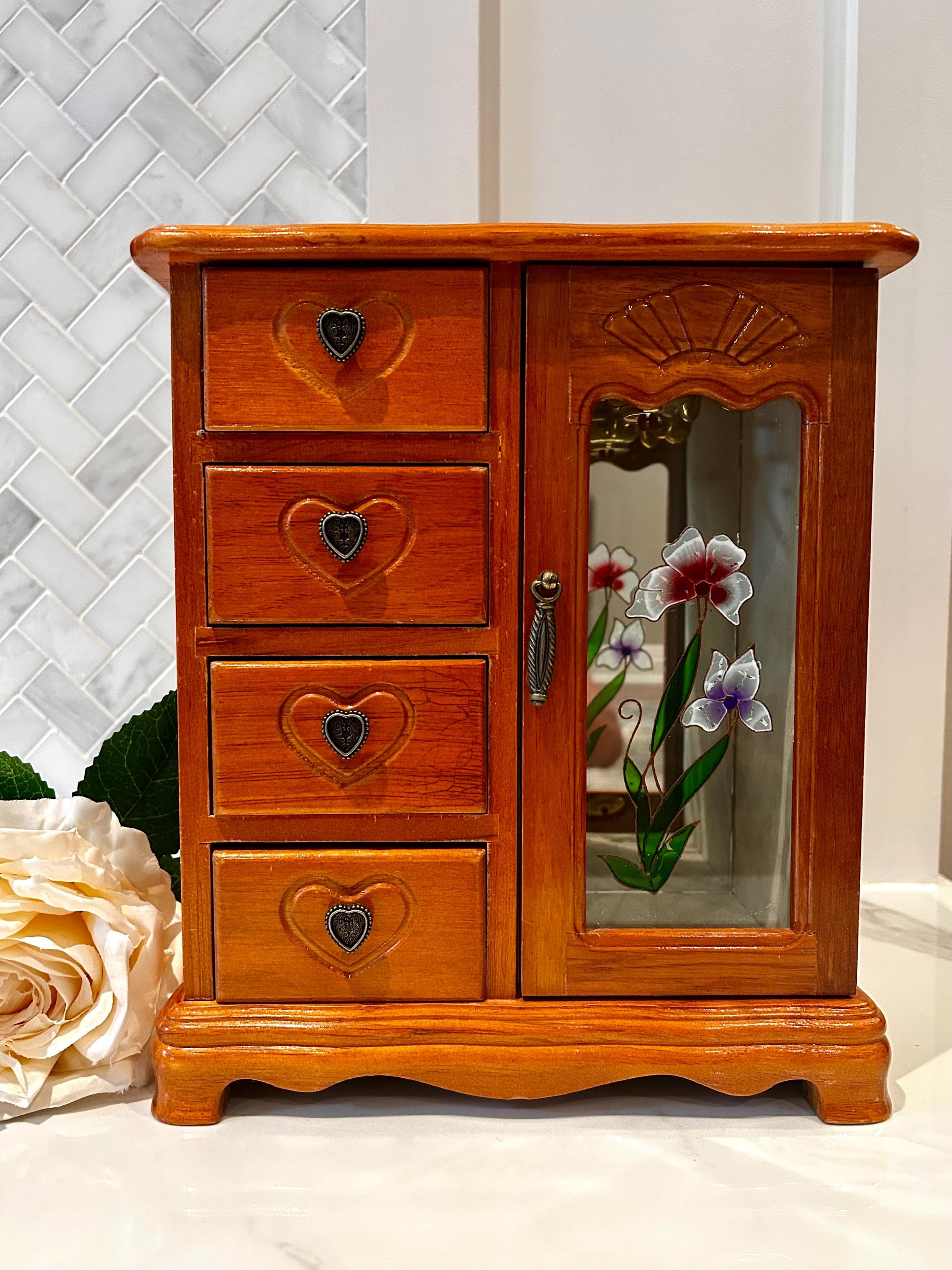 Victorian Style Jewelry Box in Oak With Hand Painted Glass