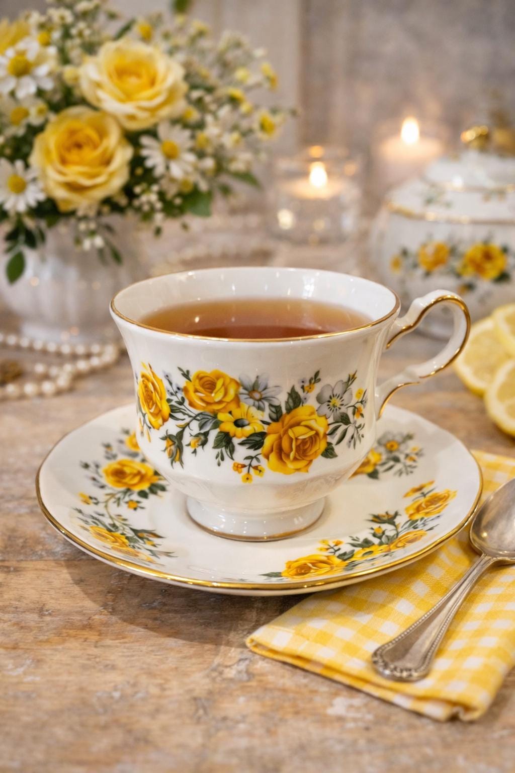 Royal Vale Vintage Bone China Teacup and Saucer - Yellow Floral