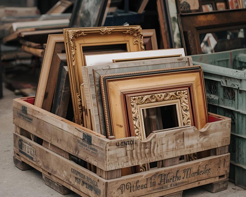 May include: A wooden crate overflowing with various antique picture frames. The frames are in different sizes, shapes, and colors, including gold, brown, and natural wood tones. Some frames have ornate carvings and detailing. The crate is made of weathered wood.