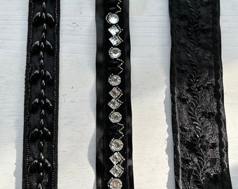 Black Satin Beaded and Embroidered Sashes and Belts - 3 styles to choose from!
