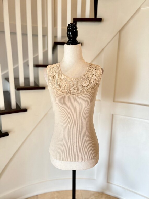 Vintage Ribbed Tank with Lace and Embroidered Nec… - image 1