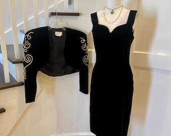 Black Velvet Formal Dress & Jacket, Vintage Size 6;  Holiday Party, Formal Event, Wedding Guest Dress, Bridesmaid Dress, Mother of the Bride