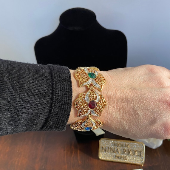 Gold Bracelet with Jewel Tone Crystals Nina Ricci P Gem
