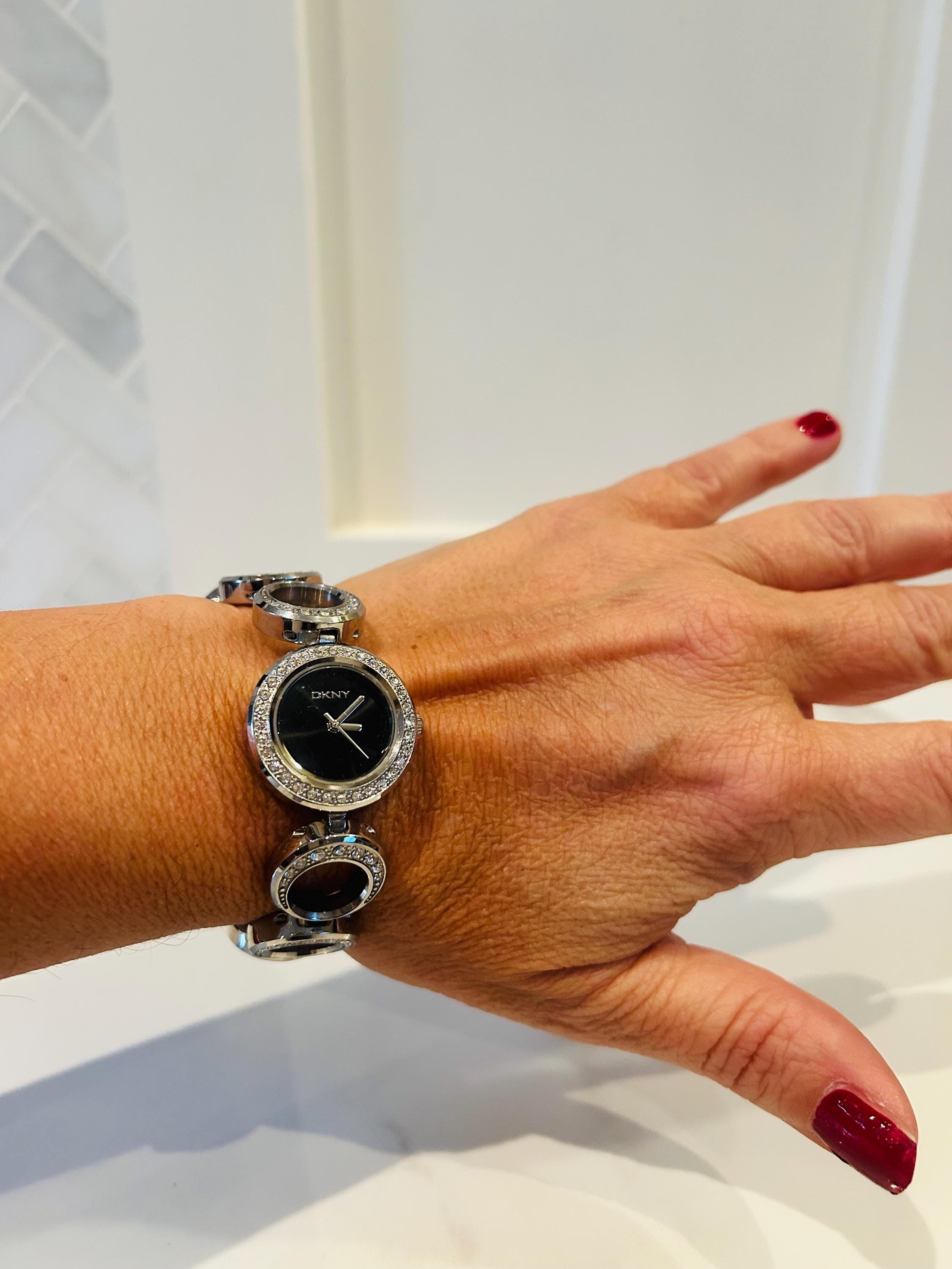 DKNY bracelet watch, EUC Rhinestone silver analog watch with box & info insert DKNY Silver & Rhinestone Bracelet Watch - Etsy main image 2