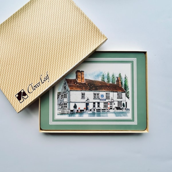 Clover Leaf Placemats "Country Pubs" Set of 4, Art by Ronald Maddox - Hot Pad, Table Mat, Vintage Placemats, Table Decor, Made in the UK