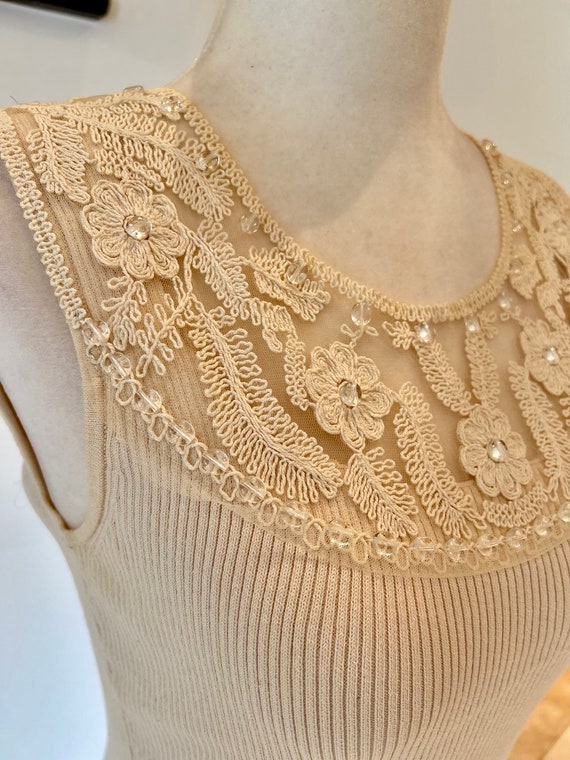 Vintage Ribbed Tank with Lace and Embroidered Nec… - image 2