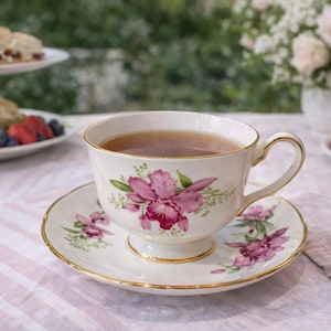 Grosvenor Orchid Vintage Bone China Teacup and Saucer - Made in