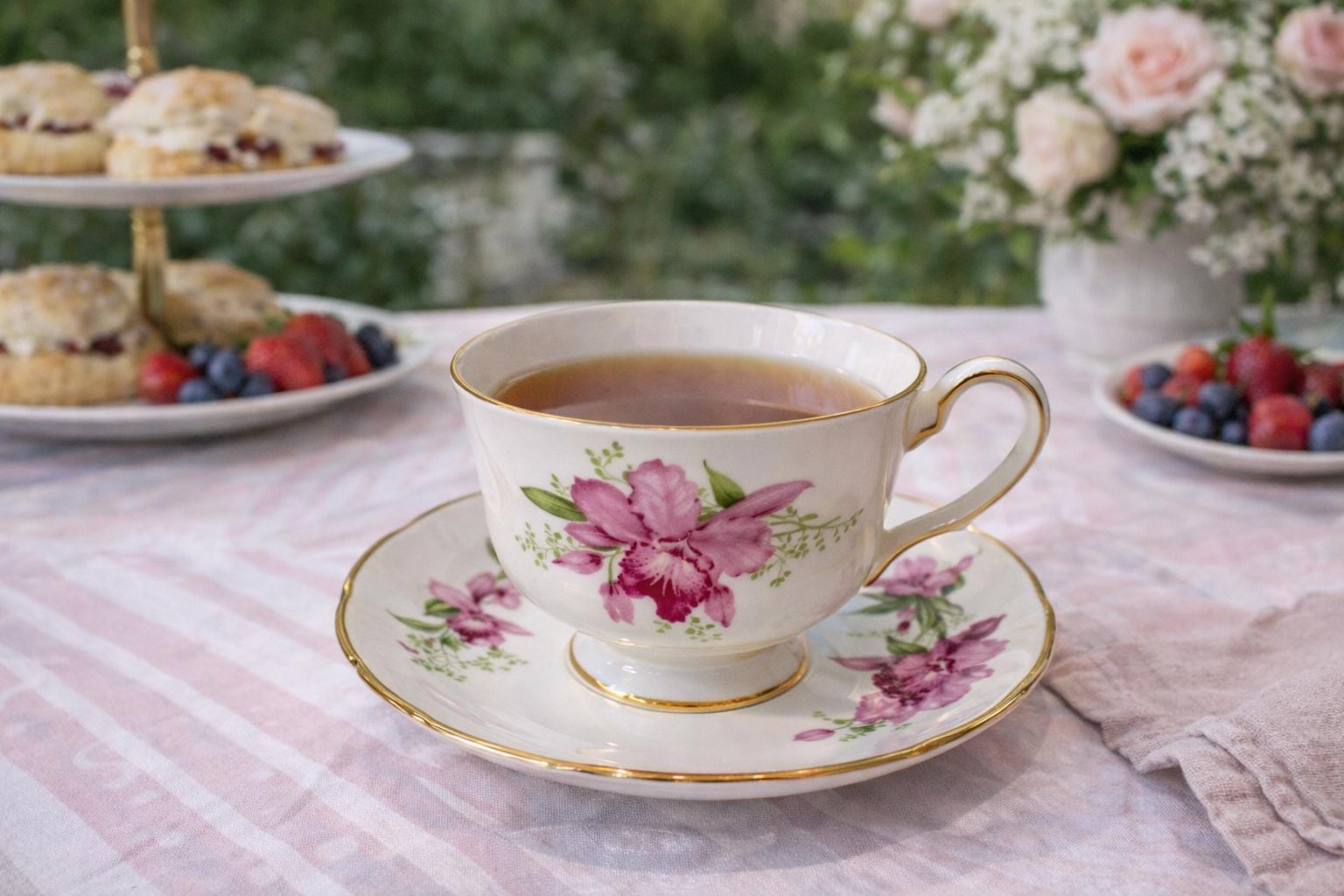 Grosvenor Orchid Vintage Bone China Teacup and Saucer - Made in