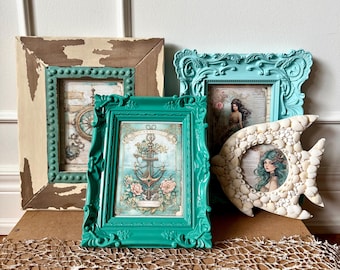 Vintage Gallery Wall Frames: Ornate Aqua Shabby Chic Frames, Set of 4