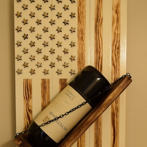 American Flag Wine Rack White and wood burnt, patriotic wine bottle and two glass wall mounted rack, Christmas, mother&#39;s day, father&#39;s day